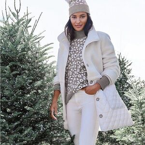 Loft Sherpa Quilted Funnel Neck Coat Size XXL Cream